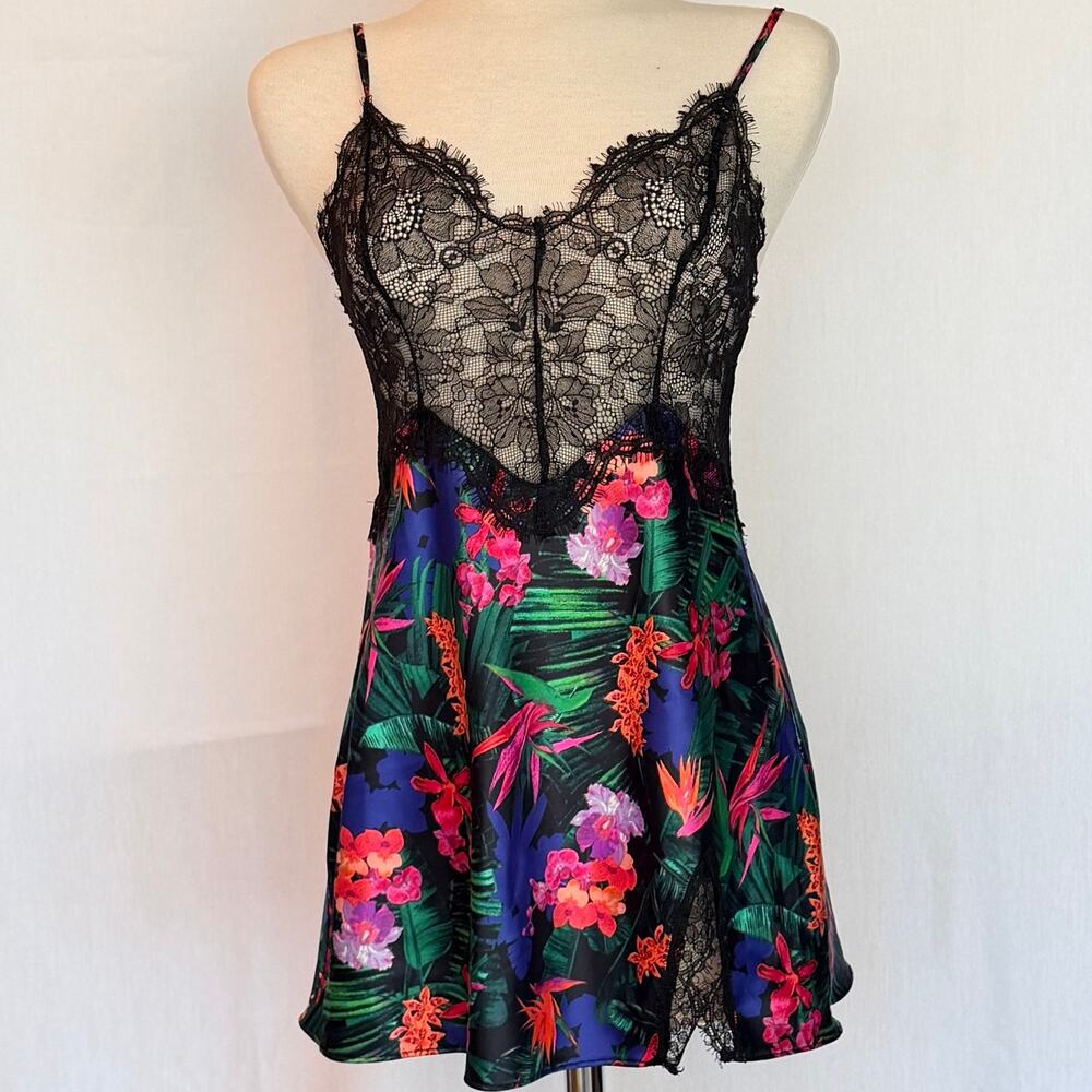 Victoria’s Secret Black Lace Bodice Tropical Floral Mini Slip Dress Size S